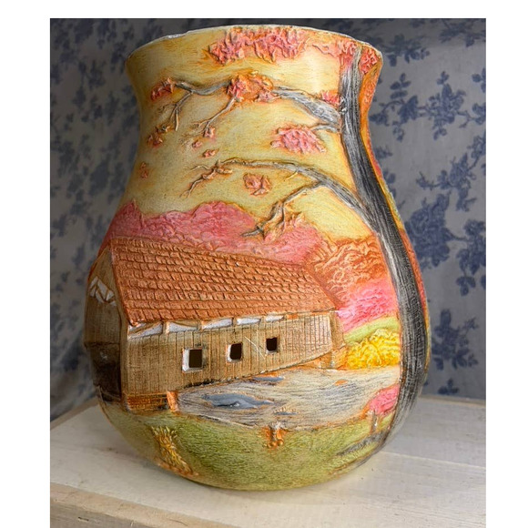 Beautifully Painted Orange Yellow Pink Vase with Cutouts - Picture 5 of 10